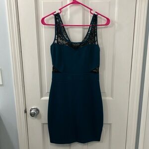 Vintage Y2K Soprano Teal black mini club Dress Lace Accents cutout size Medium M